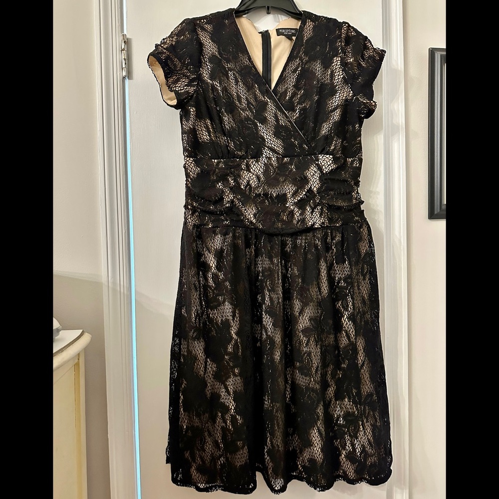 Perceptions Black Lace & Nude Rusched Waist Dress - Size 14
